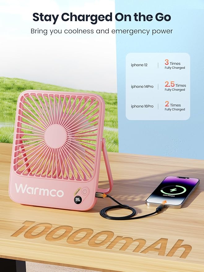 Warmco 10000mAh Portable Travel Fan 7-inch, [10-24H Runtime] Ultra-thin Digital Display Mini Desk Battery Operated Fan for Bedroom, Camping, Cruise Essentials 2025