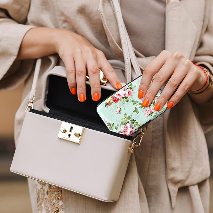 Credit Card Holder, Mini Aluminum Card Wallet RFID Blocking Slim Metal Hard Card Case for Women Men, Green Flowers