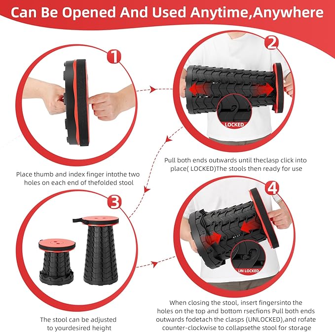 Collapsible Folding Chair - Upgraded Portable Chair with 400lbs Load Capacity, Perfect for Camping, Fishing, Hiking - Folding Stool with Carrying Straps, Gift for Fisherman (Red)