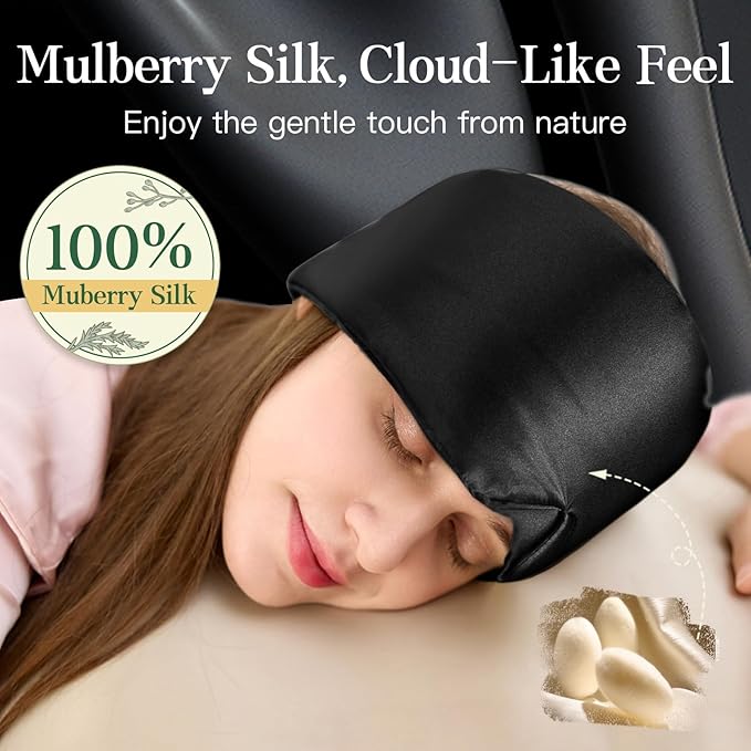 100% Mulberry Silk Sleep Mask, Complete Blackout, Adjustable Velcro Strap, Nasal Wing Design, Large Size, No Eye Cups, Perfect for Side Sleepers, Unisex (Black)