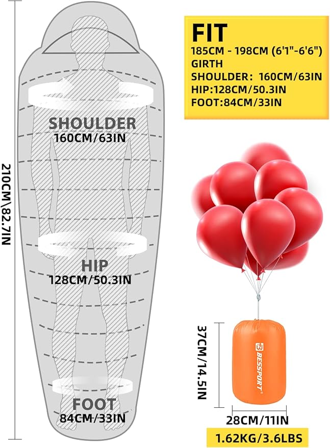 Bessport Mummy Sleeping Bag | 15-45 ℉ Extreme 3-4 Season Sleeping Bag for Adults Cold Weather– Warm and Washable, for Hiking Traveling & Outdoor Activities