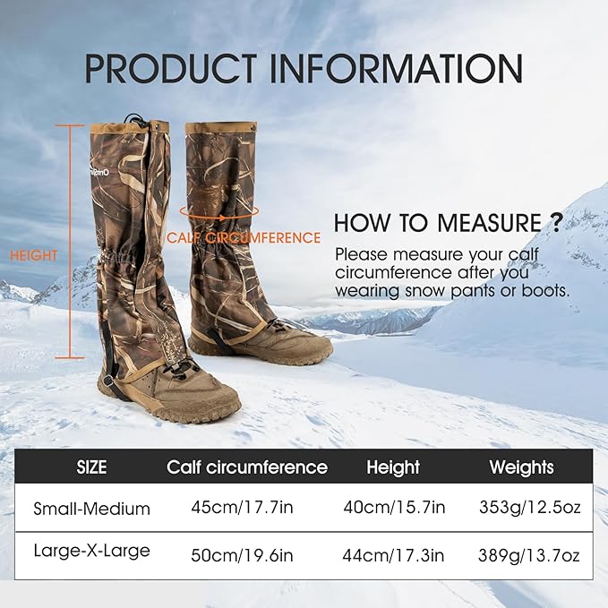 Waterproof Adjustable Leg Gaiters for Men and Women Snow Boot Gaiters for Hiking in Hunting Sand and Mud Mountain Climbing or Snowshoeing