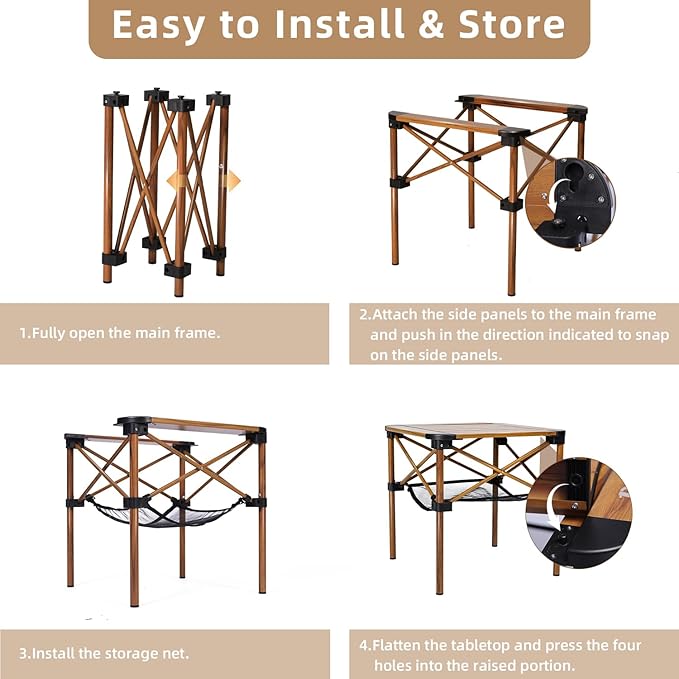 Folding Camping Table, Portable Lightweight Aluminum Camp Table Roll Up Top with Storage Net for Outdoor, Camping, Picnic, Backyards, BBQ(Woodgrain, 15.8 x 15.8 x 15.8in)