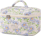 uekeboag Large Travel Quilted Makeup Bag for Women, Floral Cotton Cosmetic Bag, Coquette Aesthetic Floral Toiletry Organizer Bag