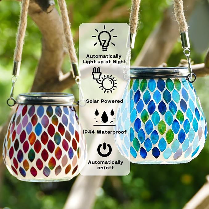 2 Pack Mosaic Blue & Red Solar Lanterns, Outdoor Glass Hanging Lights, Waterproof, Solar Table Lamps, Christmas Gifts for Women Mom Grandma, Night Lights, Decoration for Garden, Patio, Outdoor Decor