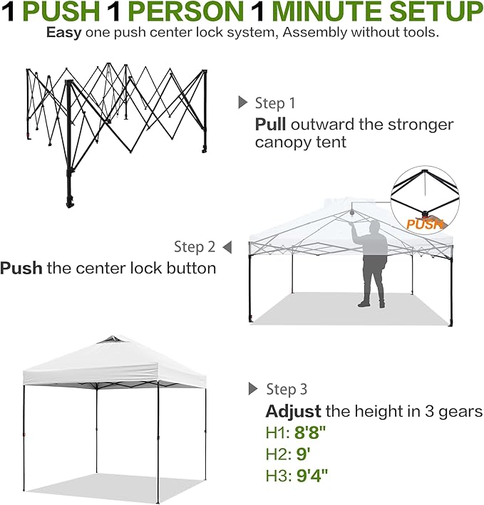 8'x8' Pop Up Canopy Tent with 1 Sidewall and 6 Pockets, One Push Setup, Instant Shade Tent with Vented Roof for Beach Patio Outdoor, Case, 8 Stakes, 4 Ropes, 4 Sandbags (White, 8x8)