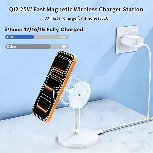 Magnetic Wireless Charging iPhone Stand,Qi2.2 Certified 25W Fast Mag-Safe Charging Stand Station Apple Magnet Wireless Charger with Plug for iPhone 17/17 Pro/Air/16/15/14/13/12 Series,AirPods Pro 3/4