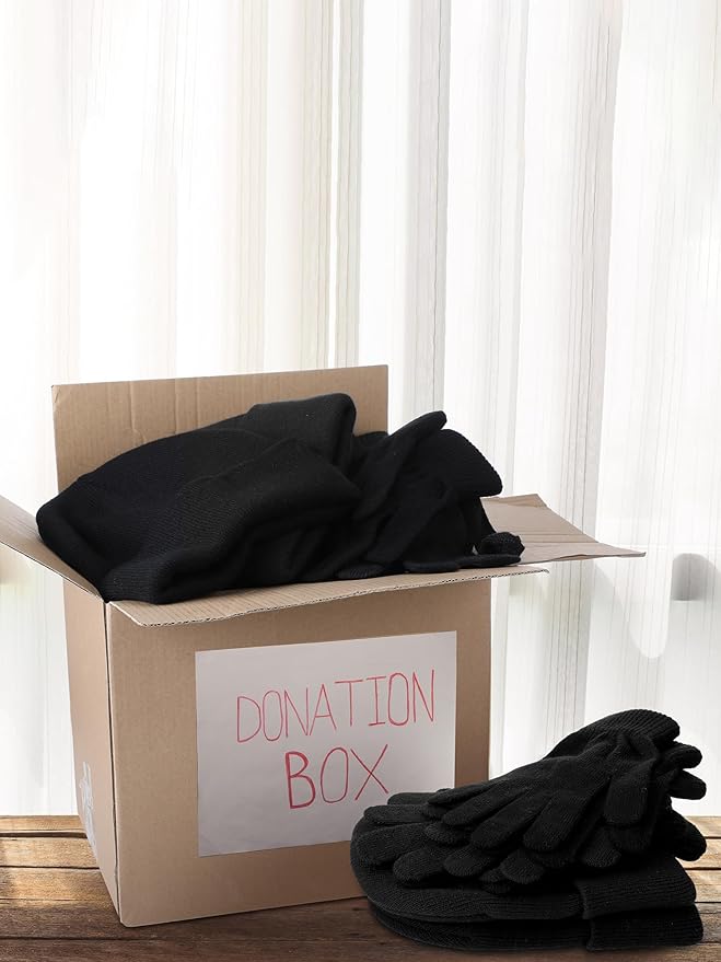 Suhine 200 Pieces Winter Beanies Gloves Sets Include 100 Black Warm Knitted Hats Bulk and 100 Gloves for Men Women Homeless