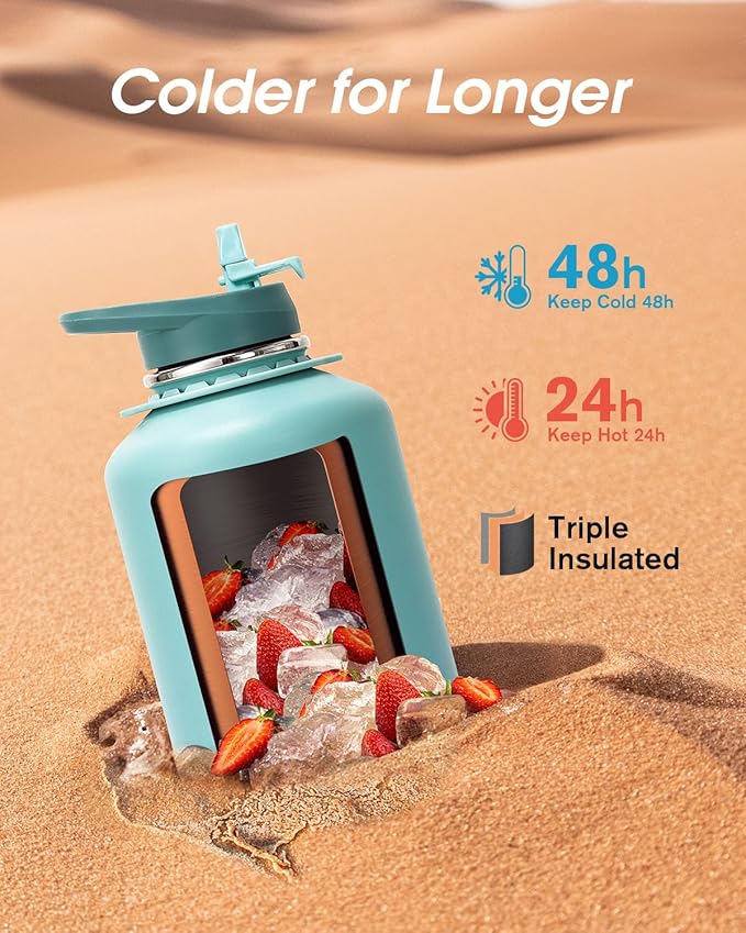 Coolflask Insulated Water Bottle 64 oz with Straw, Half Gallon Large Water Jug with Straw & Spout Lids, Vacuum Stainless Steel Metal Flask, Keep Cold 48h Hot 24h, Leak Proof & Non-BPA, Agate Green