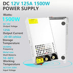 DC 12V 125A 1500W Power Supply 110V AC to 12V DC Converter Power Supply Adapter 125A 1500W Switch Transformer for Motor Pump CCTV Security Camera Car Stereo 3D Printer Device