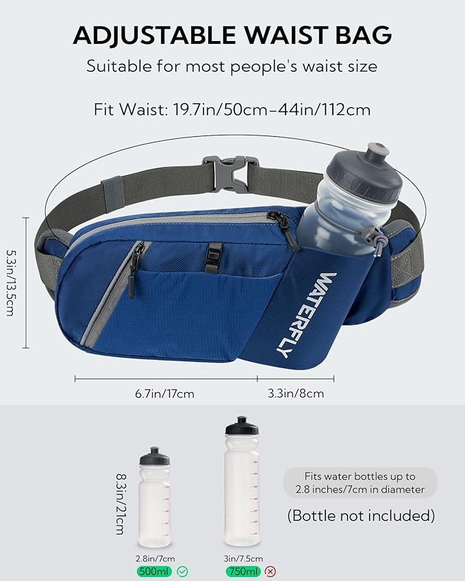 WATERFLY Fanny Pack Waist Bag: Hiking Water Bottle Holder with Strap Waist Pack for Women Men Hydration Hip Packs for Running Walking Traveling-Blue