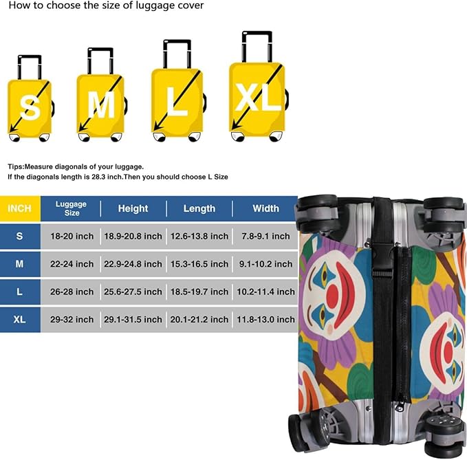 Colorful Cartoon Cute Clown Elastic Large Luggage Cover Washable Elastic Suitcase Covers Luggage Protector Fit 18-32 Inch Luggage, Colorful Cartoon Cute Clown, XL 29-32 in, casual