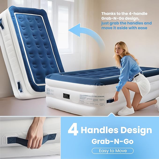 KINGJERRY Twin Air Mattress with Built in Pump and 4 Portable Handles, 18" Raised Comfort Blow Up Mattress for Guests, 440lb Support Air Bed with Carry Bags, Heavy Duty Inflatable Bed for Home&Camping