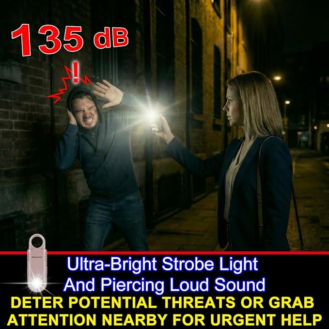 135dB Rechargeable Personal Safety Alarm Strobe Light Flashlight Keychain Siren for Women, Girls, College, School Students Emergency SOS Alerts Loud Sound Hiking Alarm Torchlight Bear Deterrent. Black