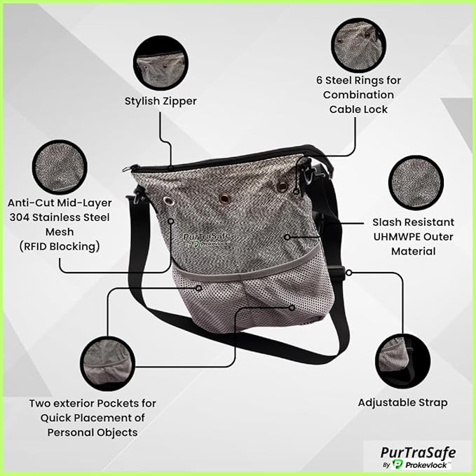 PurTraSafe Anti-Theft Crossbody Purse, UHMWPE & HPPE level V Material, Gray, Portable Key Lock Storage Purse for Travel, Camping, Pool, Beach, and More