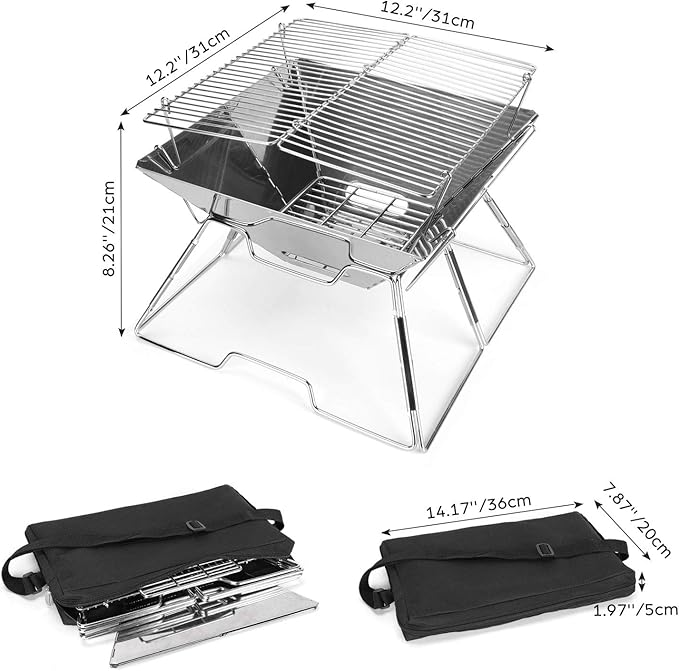 Odoland Folding Campfire Grill, 304 Stainless Steel Grate Barbeque Grill, Portable Camping Grill with Legs for Picnics, Backpacking, Outdoor with Carrying Bag and Kitchen Tongs