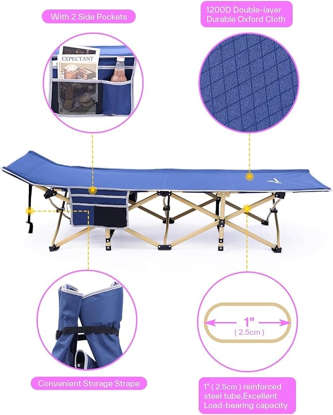 Sportneer Camping Cot, Camping Cots for Adults with Mattress Max Load 450 LBS Heavy Duty Portable Sleeping Folding Bed with Padded for Camping Tent Office Outdoor Travel Sleep Over (1, Blue+Purple)