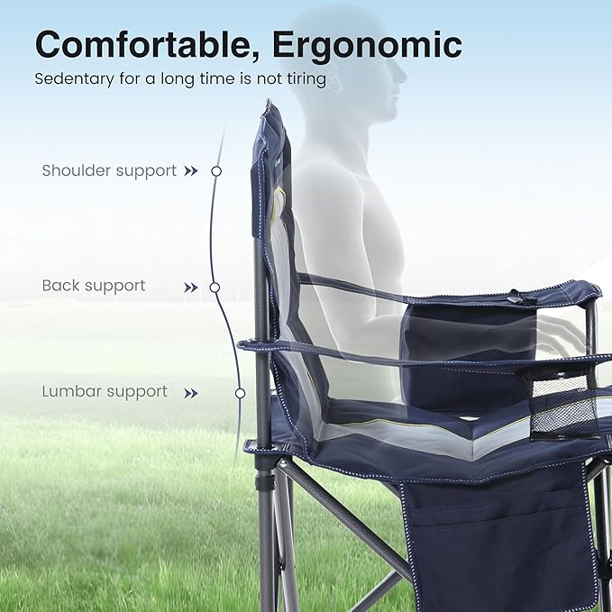 HIGH POINT SPORTS Oversized Camping Folding Chair, Heavy Duty Portable Outdoor Chair, Foldable Camp Chair with Cup Holder and Cooler Bag Support 450 LBS, Dark Blue…