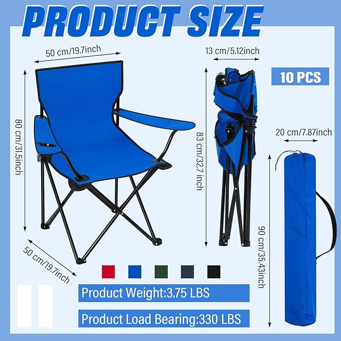 Huwena 10 Pack Folding Camping Chairs Bulk with Cupholder Carry Bags Lightweight Camp Chairs Collapsible Portable Outdoor Lawn Chair for Picnic, Beach, Outside