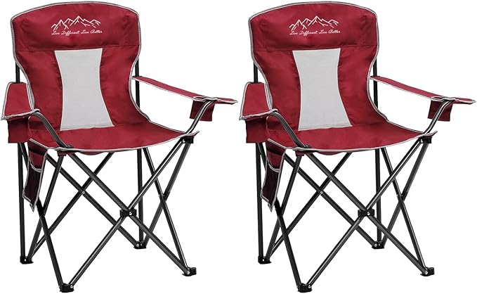 2PCS Mesh Folding Camping Chairs, Oversized Portable Outdoor Chairs, Weight Capacity 325 lbs with Cup Holder, Storage Pocket, Carry Bag Red