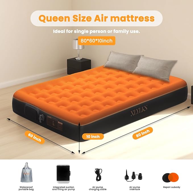 Queen Air Mattress with Built-in USB Rechargeable Pump, 10’’ Blow up Mattress for Adults, 600 LBS Portable Air Bed,Camping Inflatable Mattress for Guest, Camping, Home & Travel, Carry Bag Included