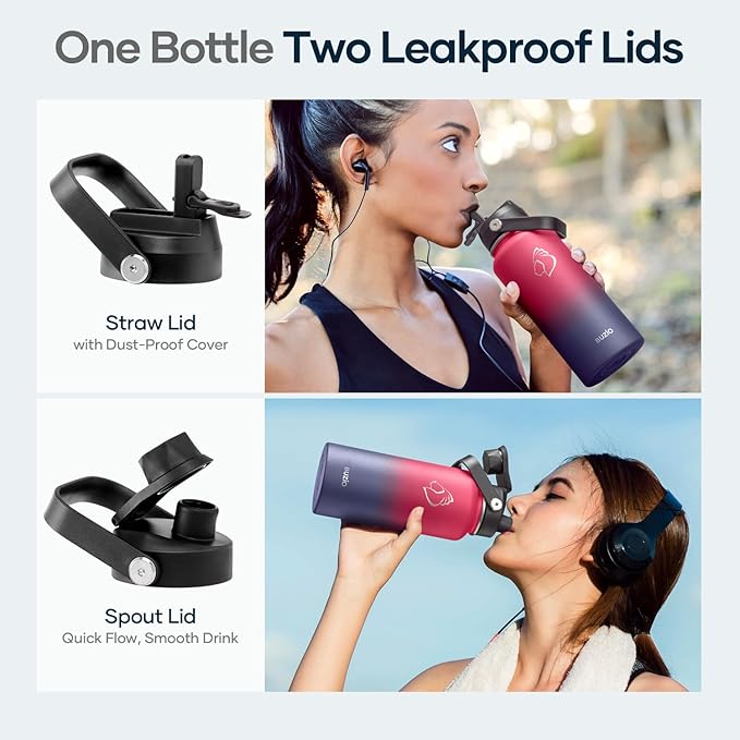 BUZIO 32oz Insulated Water Bottle, Triple Wall Vacuum Stainless Steel Water Flask with Straw Lid, BPA-Free Leakproof Sports Canteen for Sports Hiking, Cold 48H & Hot 24H- Ruby Red Navy