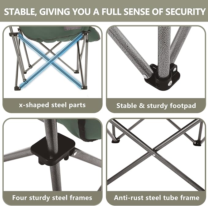 Colegence Oversized XL Padded Camping Chair Wide Heavy Duty Lawn Chairs Support 450 LBS Portable Folding Gaint Plus Camp Chair with Side Pocket Cup Holder for Outdoor Outside Sports Baseball-Green