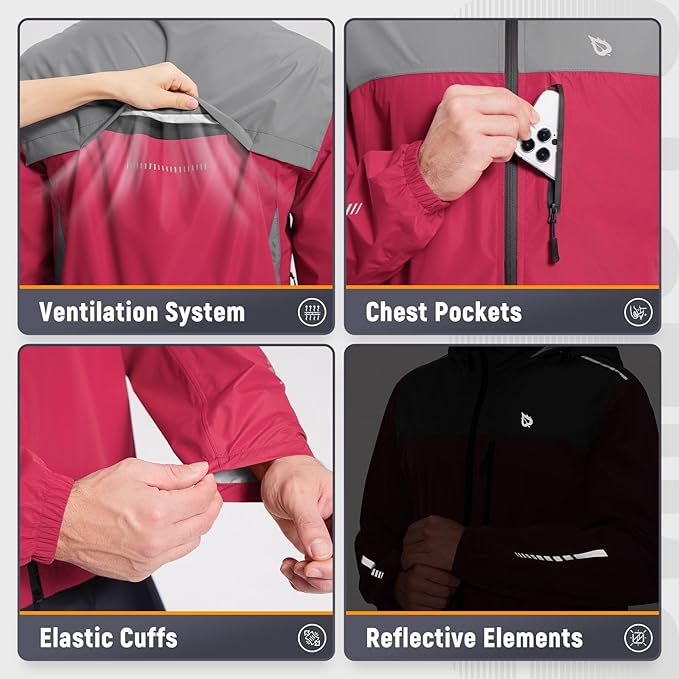 baleaf Men's Rain Jacket Waterproof Windbreaker Raincoat Running Cycling Hiking Gear Hood Lightweight Reflective Packable