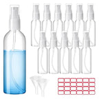 Spray Bottles, 2oz/50ml Clear Empty Fine Mist Plastic Mini Travel Bottle Set, Small Refillable Liquid Containers with 2pcs Funnels and 24pcs Labels (12 Pack)
