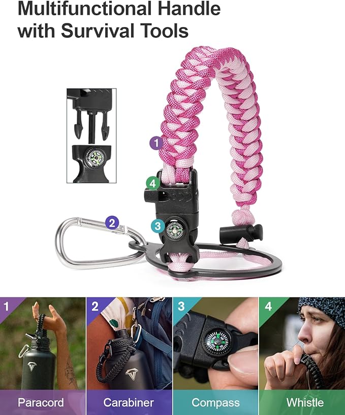 Half Gallon Water Bottle,64oz Insulated Water Bottle Stainless Steel Vacuum,Cold for 48 Hrs,BPA-Free & Leakproof -with Paracord Handle,Strap,Straw Spout Lids,Big Flask Jug for Gym Sports,Pink