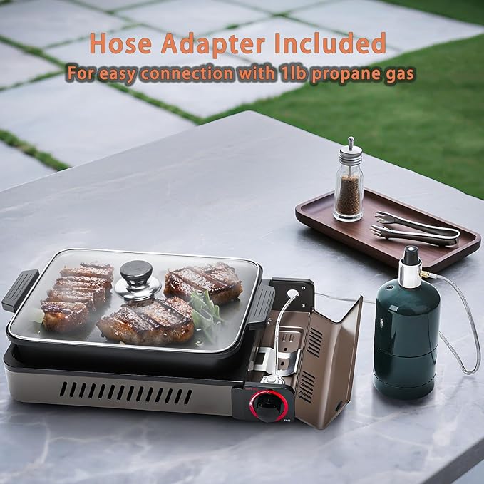 ONLYFIRE Butane Stove with Grill Pan, Portable Stove with Small Griddle & Lid, Camping Stove Instant Ignition, Camp Stove for Cooking, Patio Backyard, Camping, RV and Emergency Use, GS349