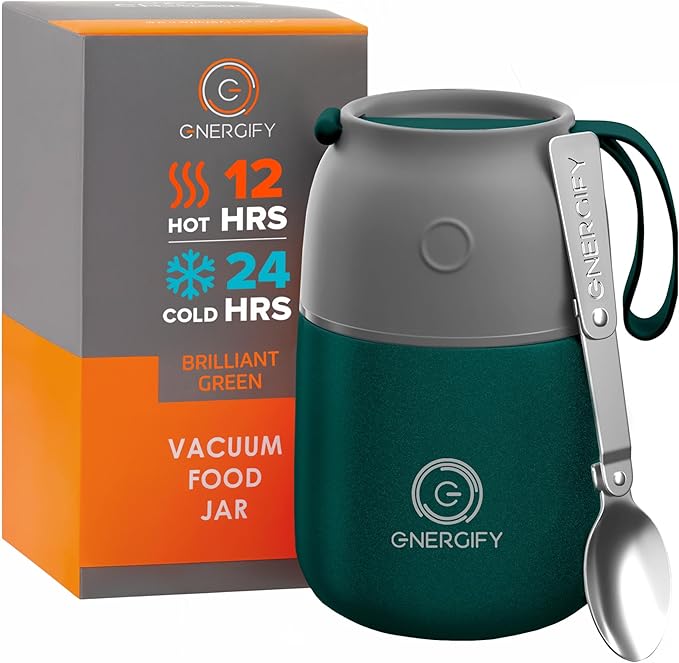 ENERGIFY Vacuum Insulated Food Jar. Large 17oz Bowl incl. Folding Spoon, Cup. Wide Mouth Keep Hot & Cold Drinks Soup Lunch Container for Adults. BPA-Free Stainless Steel, Proof Brilliant Green