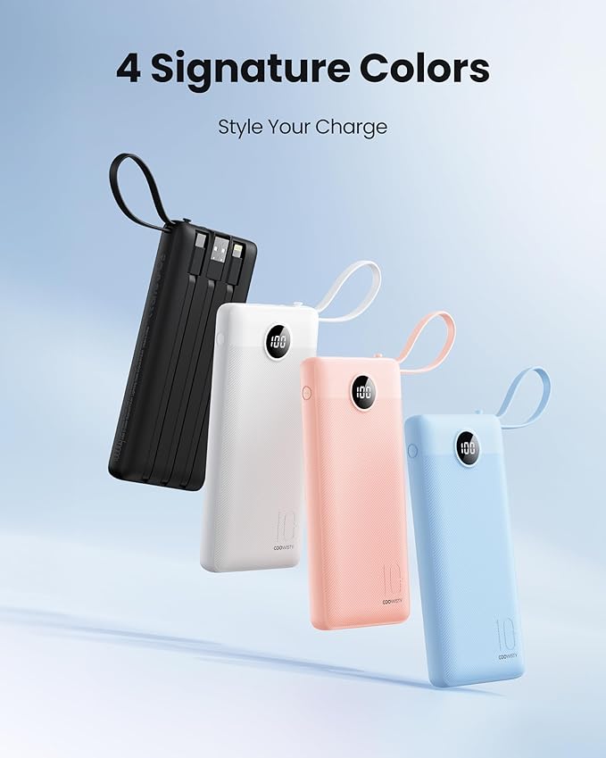 10000mAh Portable Charger, Slim Power Bank with Built-in Cables, Battery Pack 5 Outputs 2 Inputs LED Display Compatible with iPhone/Android & More (Blue)