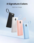 Portable Charger with Built in Cables, Slim 10000mAh Power Bank with USB C, External Battery Pack 5 Outputs 2 Inputs LED Display Compatible with iPhone/Android & More (Black)