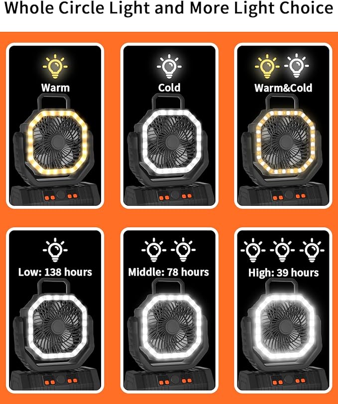 ADUST Portable Camping Fan Battery Powered Operated with LED Light 20000mAh Rechargeable Oscillating Fan with 360° Rotation Hanging Hook for Tents, USB Desk Fan for Bedroom, Office (Black)