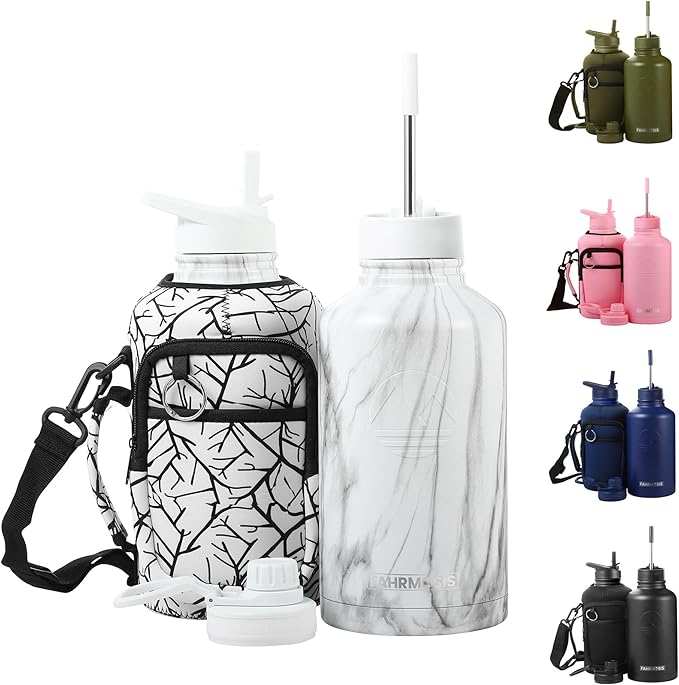 64 Oz Insulated Water Bottle with Strap Stainless Steel Sports Water Bottle with 3 Lids (Straw, Chug and Flip Lid) Leak Proof Metal Half Gallon Jug for Men & Women - White Marble