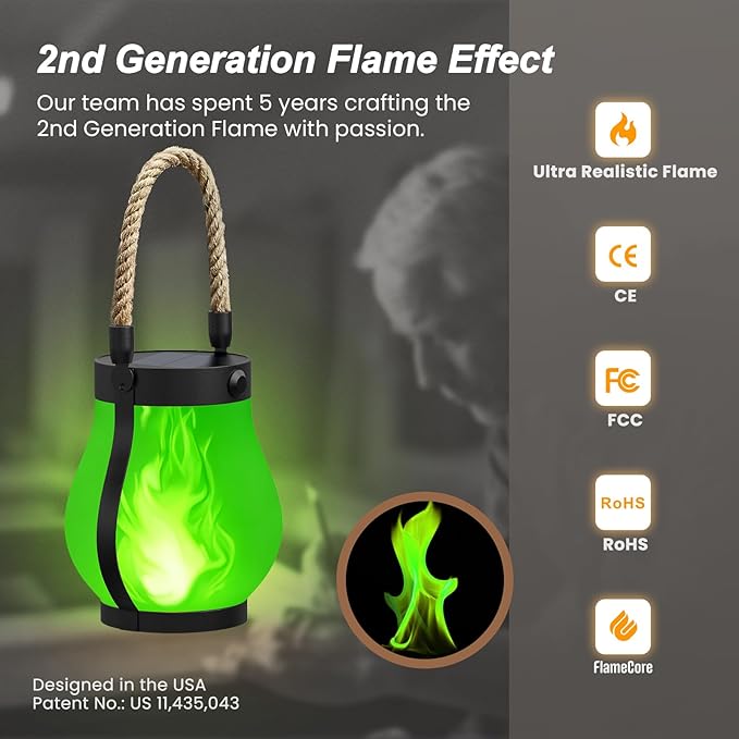 Hompavo Gen2 Solar Lanterns Outdoor Waterproof with Realistic Flickering Flame, Dual Charging (USB/Solar) & 2 Modes - Decorative Hanging/Table Lights for Patio Garden Porch Halloween Decor, 2/Green