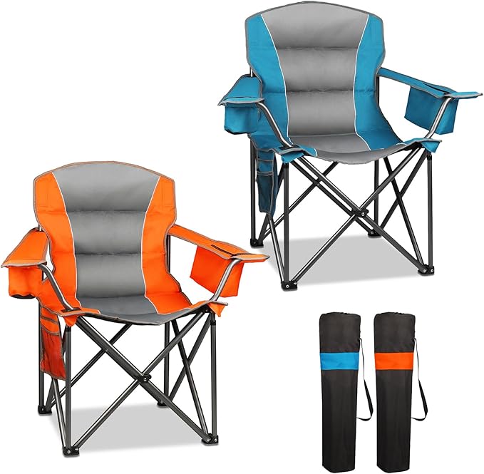 Northroad 2 Pack Oversized Camping Chair, Padded Portable Chairs Heavy Duty Camping Folding Chairs w/Cooler Bag & Cup Holder, Support 400 LBS for Outdoor, Fishing & Garden (Orange & Blue)