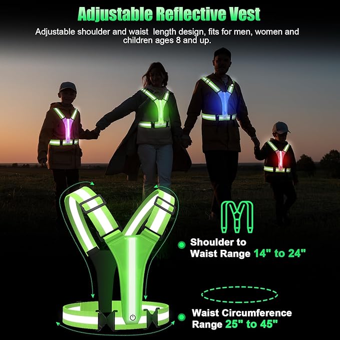 LED Reflective Vest Running Gear, 5 Colors Lights Up Running Vest for Night Walking Cycling Jogging, Adjustable Size for Men Women Kids, Rechargeable and High Visible