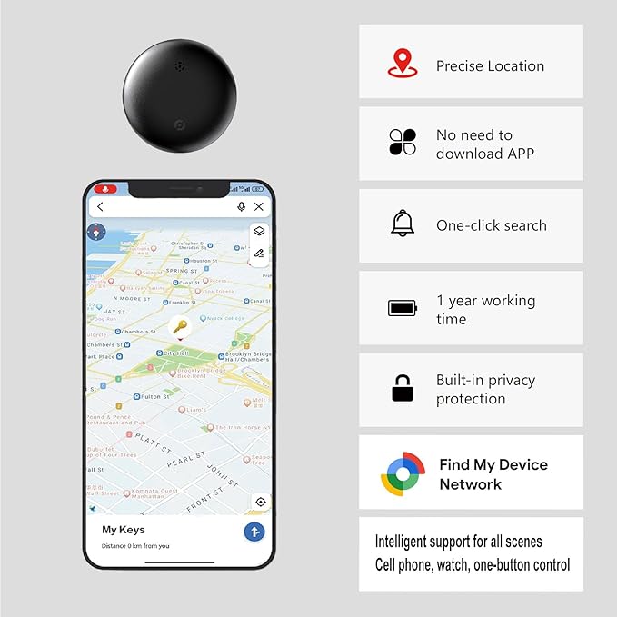 JieWeiXun Compatible Android Ultra-Thin Find My Device Tracker – IP66 Waterproof, 1-Year Battery, Global GPS Locator for Keys/Wallet/Luggage via Google Find My Network(Android, 1 PCS)