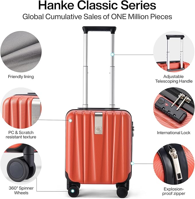 Hanke 14 Inch Underseat Carry On Luggage with Wheels Hard Shell Suitcases Lightweight Small Luggage for Weekender Mini Suitcase Carry On Bag Travel Luggage for Travel Rolling Suitcase.(Orange)