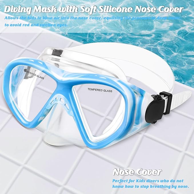 Kids Swim Goggles Snorkel Diving Mask for Boys Girls Ages 5-15, Two-Color Anti-Fog Swimming Goggles with Nose Cover