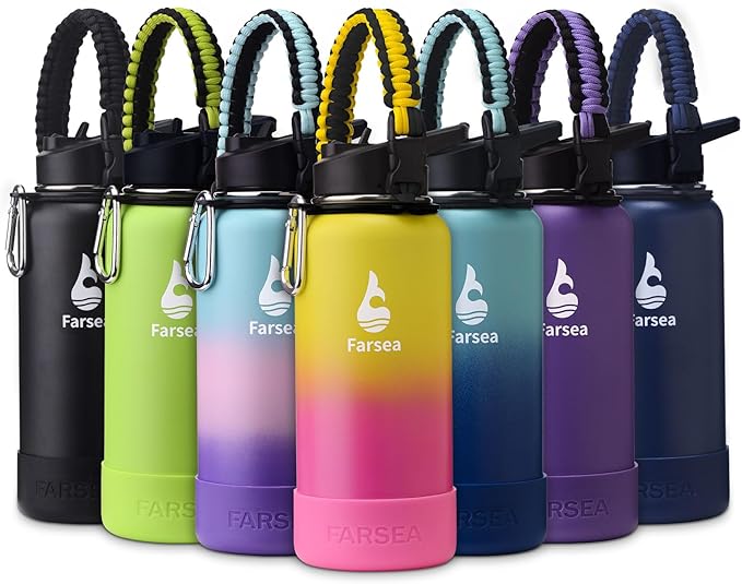 Farsea Insulated Water Bottle With Paracord Handle, Protective Boot and 2 Lids (Straw Lid & Spout Lid), Stainless Steel Water Bottle Wide Mouth, Double Wall Sweat-Proof BPA-Free, 32 oz