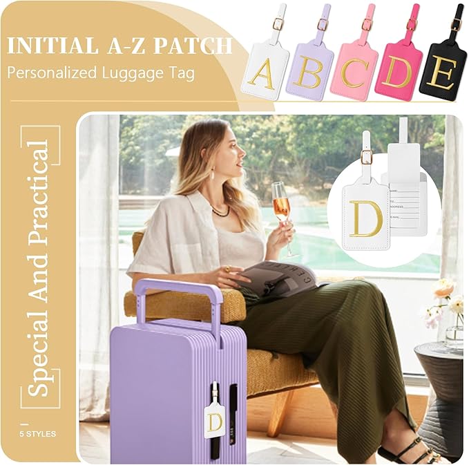 Personalized Initial Luggage Tags for Suitcase TSA Approved, White Leather Cute Luggage Tag with Privacy Cover Name Card, Embroidered Custom Luggage Tags Travel Baggage Tags Gifts for Women Kids(D)