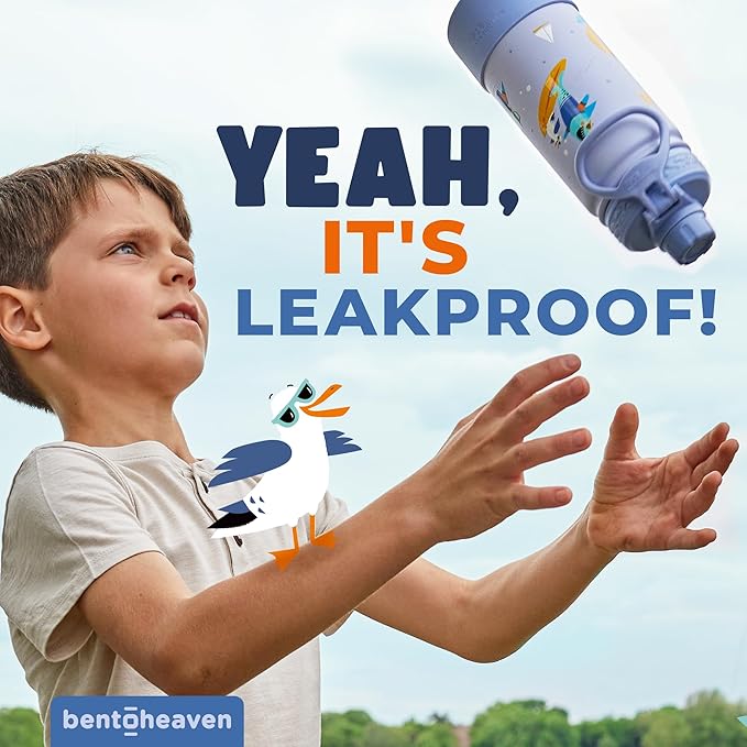 Bentoheaven Kids Water Bottle Stainless Steel for Boys & Girls, 2 Lids (Chug & Straw), Handle & Silicone Boot, Reusable Metal Leak-proof Insulated Tumbler, School & Sports 17oz (Blue)