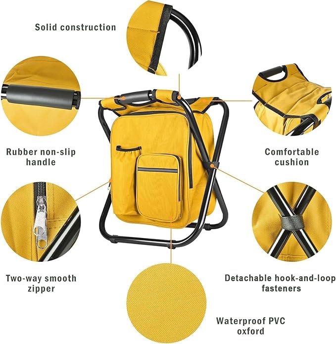 Kikerike Backpack Stool Cooler Chair Heavy Duty 400 LBS Max Load Portable Lightweight Stool Backpack Folding Fishing Cooler Seat for Camping Hunting Fishing - Yellow