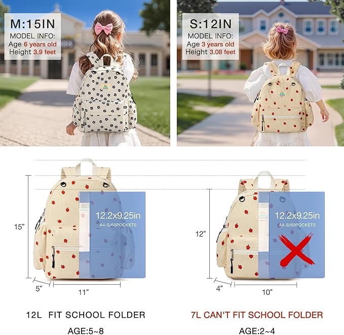 STEAMEDBUN Corduroy Toddler Backpack for Girls 2-4: Kids backpack for Boys Girls - 12 inch Preschool Kindergarten Backpacks - Strawberry