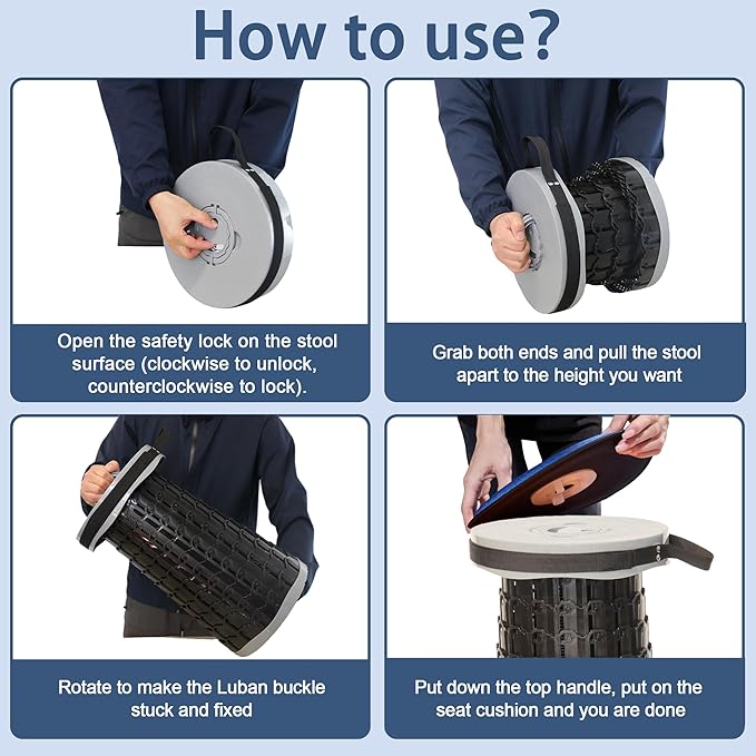 ALEVMOOM 2025 Upgraded XXL 19.7" Collapsible Stool with Cushion, 1000lbs Max Weight Heavy Duty Portable Telescoping Stool, Retractable Seat Folding Chair for Camping Fishing Hiking(Grey-XXL)