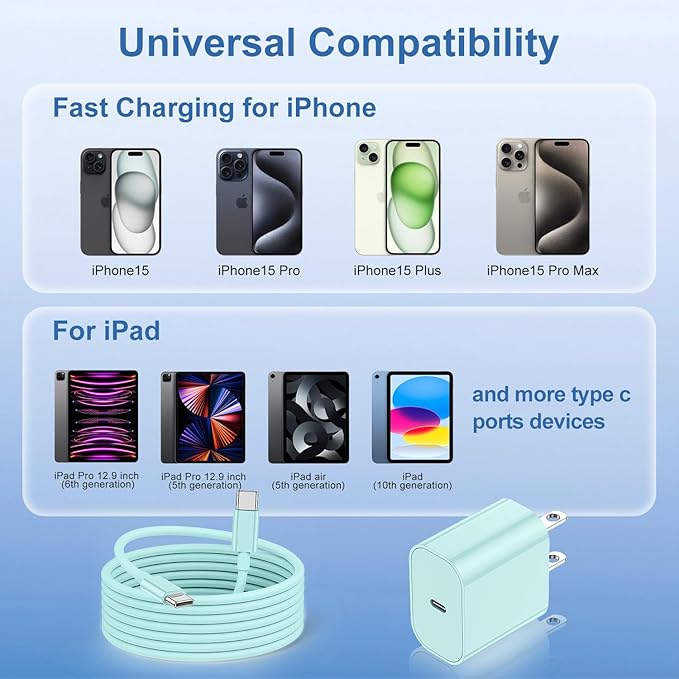 iPhone 17 16 15 Fast Charger Block and 10ft USB C to C Cable Cord Long for Apple iPhone 17 Pro Max/17 Air/16e/16 Plus/15/iPad/Samsung,Type C Wall Charging Power Adapter Plug Cube Brick-Light Green