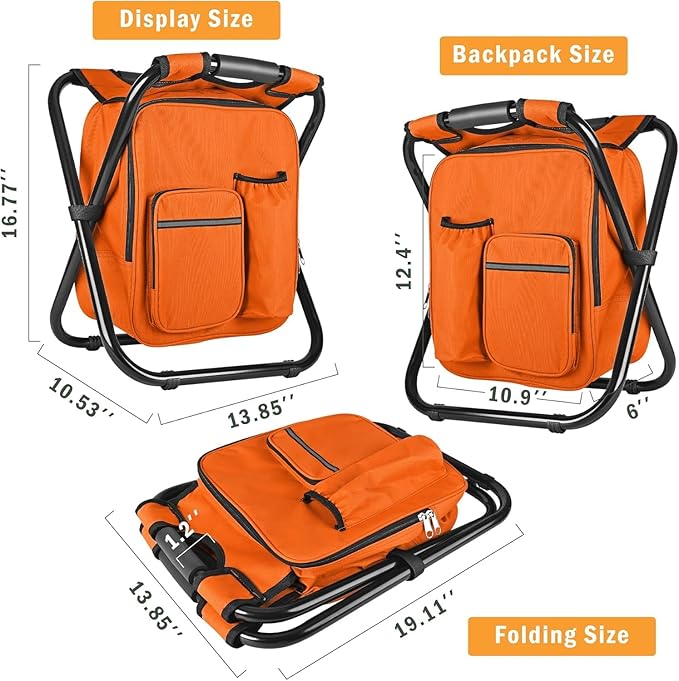 Kikerike Backpack Stool Cooler Chair Heavy Duty 400 LBS Max Load Portable Lightweight Stool Backpack Folding Fishing Cooler Seat for Camping Hunting Fishing - Orange